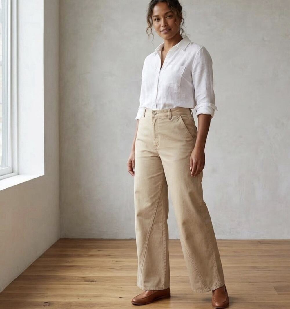 Anine Bing Women's Size 27 Trouser Pants Wide Leg Cotton Denim Tan High Rise
